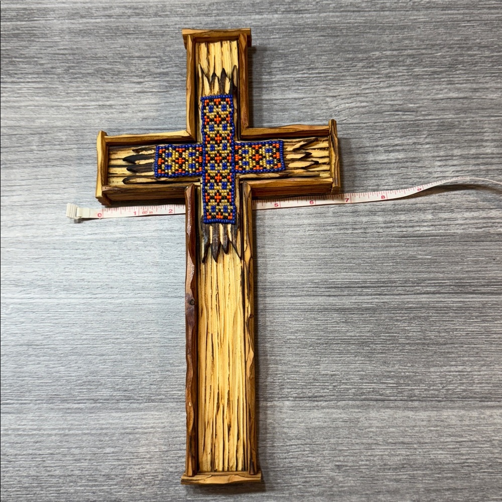 Handcrafted Wooden Cross with Beaded Design